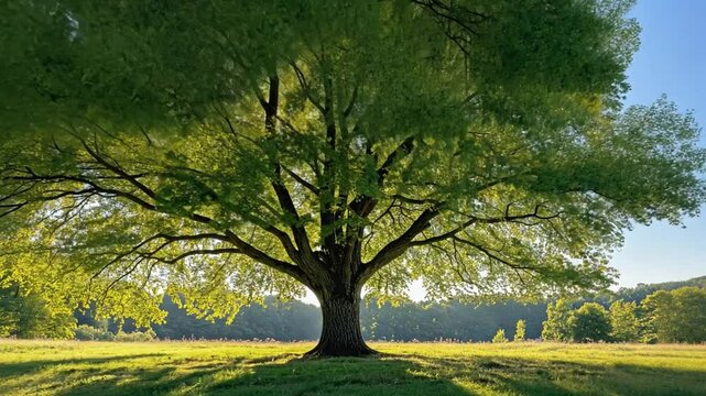 Sun shining through a large tree in a field