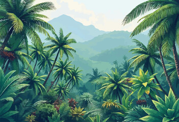 A tropical landscape with a diverse array of palm and tropical tree species. The vector style illustration presents a panoramic view of a thriving tropical forest. Vector horizontal seamless tropical 