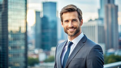 Professional businessman in formal attire posing with confident smile against blurred cityscape background, conveying trust and competence in financial industry.