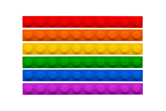 LGBTQ Flag isolated. Vintage plastic bricks set. Sex education. Old surface plate.