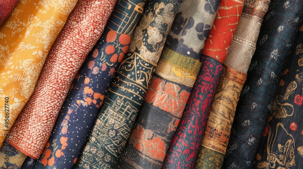 Fototapete a close-up of fabrics with patterns and textures from various countries, highlighting global textile