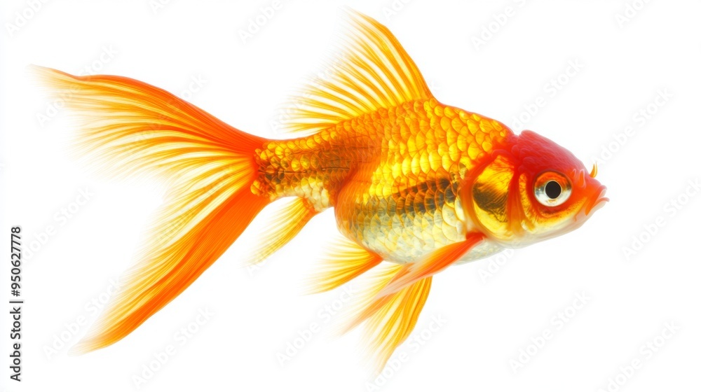 Poster a side view of a goldfish, with its tail elegantly flowing and fins extended, captured against a cle