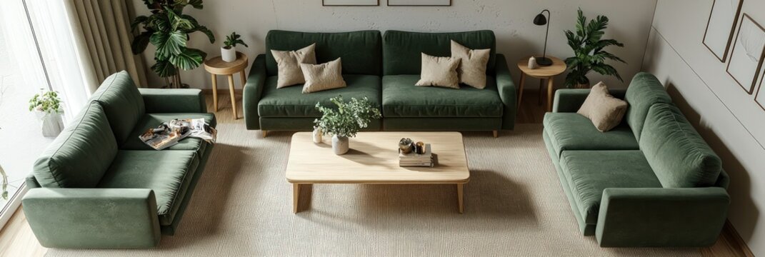Contemporary living room with forest green couches and light wood minimalist table.