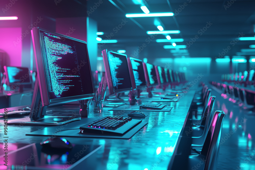 Poster A computer lab filled with students learning to code, preparing for the digital future. Concept of technology. Generative Ai.