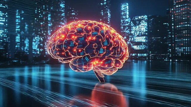 Digital brain is glowing in front of a futuristic city at night