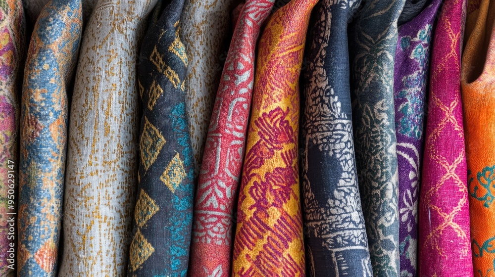 Fototapete a close-up of fabrics with patterns and textures from various parts of the world, highlighting globa