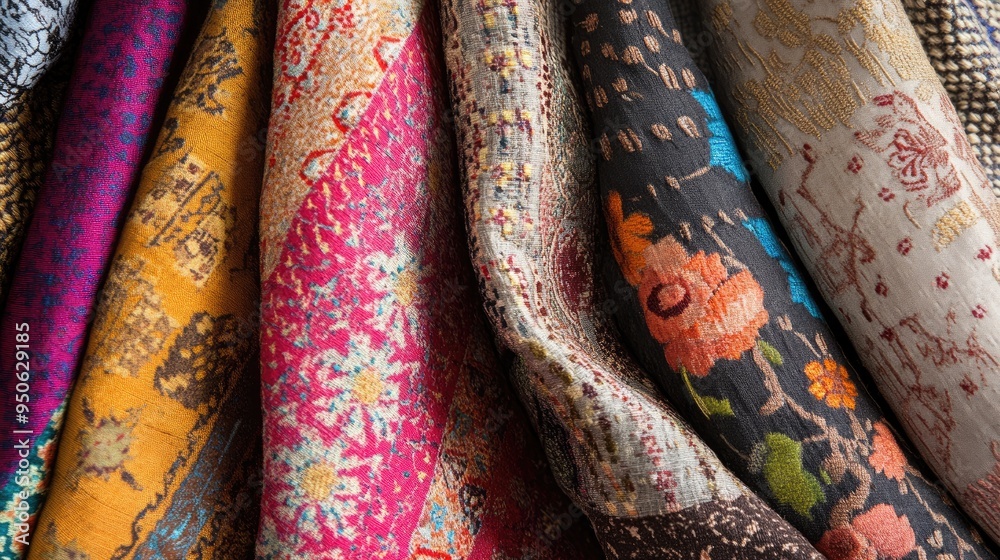 Fototapete a close-up of fabrics with patterns and textures from various parts of the world, highlighting globa