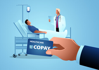 Vector illustration of a doctor visiting a patient, with a hand holding a copay card prominently in the foreground. Ideal for healthcare, insurance, medical services, and patient care costs contents