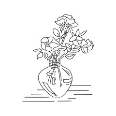 Doodle bouquet with flowers in vase. Simple floral sketch. Botanical illustration. Vector illustration.