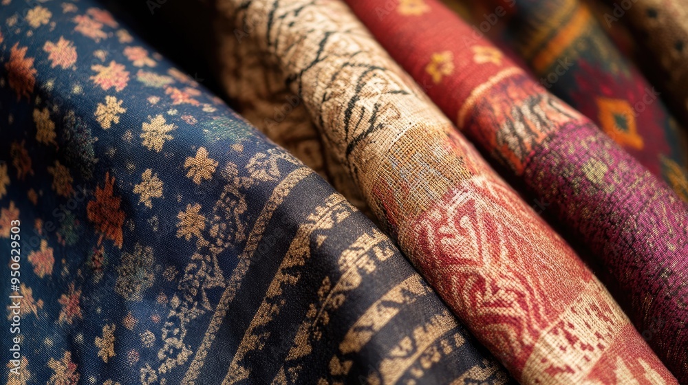 Fototapete a close-up of fabrics with patterns and textures from various parts of the world, highlighting globa