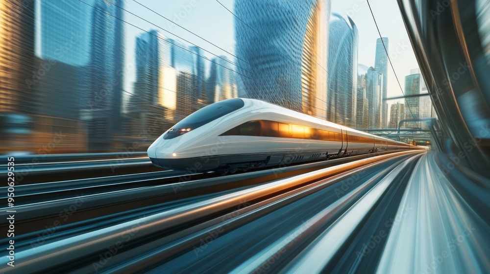 Fototapete a sleek high-speed train speeding through a modern cityscape, with a dynamic blur effect to emphasiz
