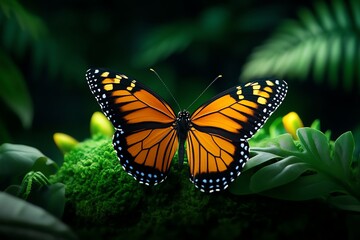 Obraz premium Butterfly in a lush, green forest, depicted in an artwork where the butterflyâ€™s vibrant colors stand out against the deep greens of the forest