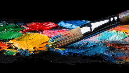 Fototapeta premium A close-up image of a paintbrush mixing vibrant colors including red, green, yellow, blue, and orange on a black canvas, showcasing the art of painting.