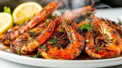 A steaming hot plate of grilled prawns with a rich, smoky flavor, presented on a white background with a garnish of fresh herbs and lemon wedges.