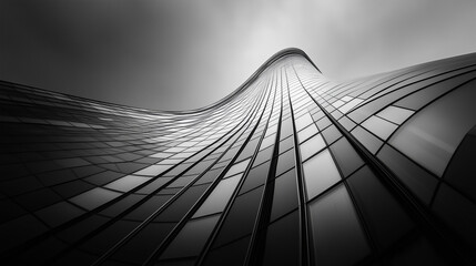  Widok z dołu futurystycznego biurowca z zakrzywionymi szklanymi oknami. Imponująca architektura wznosi się ku niebu.