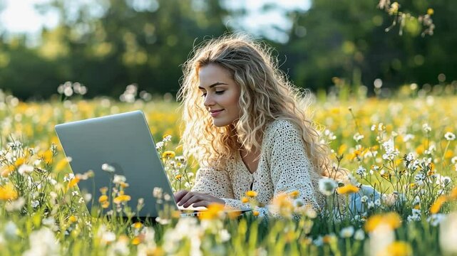 Young woman working remotely using laptop in a field of flowers