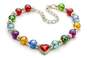 Obraz premium Delicate, intricately designed heart-shaped beaded bracelet with sparkling silver-toned chain and vibrant multi-colored glass beads, perfect for expressing love and affection on special occasions.