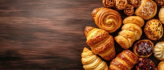 Fototapeta premium Assorted Baked Goods on Wooden Surface Offering Variety of Pastries and Bakery Delights