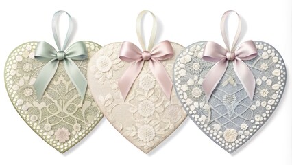 Delicate, intricately designed heart-shaped gift tags in pastel hues and lace patterns, tied with satin ribbons, perfect for romantic occasions and sentimental presents.