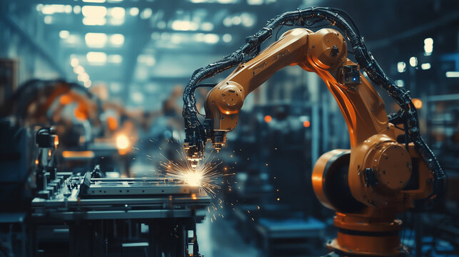 W zakładzie produkcyjnym z branży motoryzacyjnej, inżynierowie nadzorują automatyczne ramiona robot&oacute;w spawalniczych.