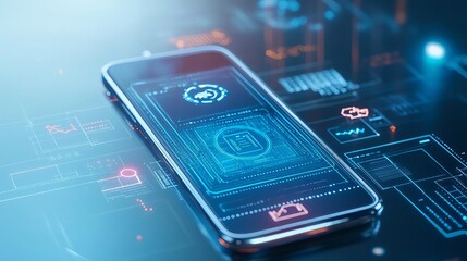 A closeup of a smartphone showing a multifactor authentication process, with layered defense mechanisms, reset options, and authorization symbols integrated