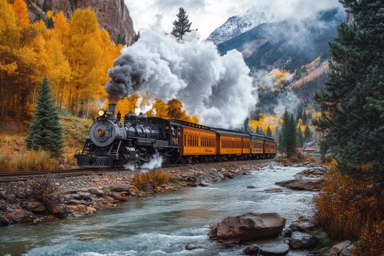 Durango Train: Historic Steam Engine Train in Colorado with Smoke on the River