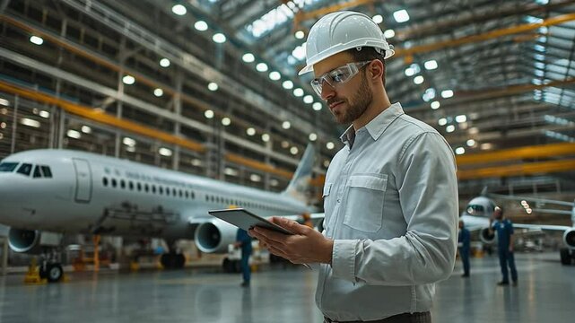 Aviation engineer is holding a tablet and doing a pre-flight check