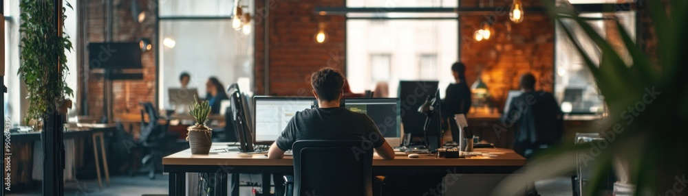 Poster a man works at a desk in a modern office setting