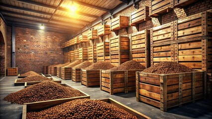 Rows of wooden crates filled with coffee beans stretch towards the ceiling in a dimly lit, rustic, and vintage industrial warehouse with exposed brick walls.
