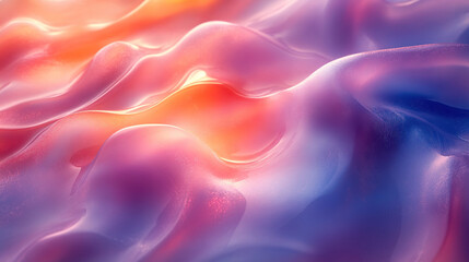 Fototapeta premium Abstract, wavy, flowing liquid in pink, blue, and orange with a sunlit, glowing effect.