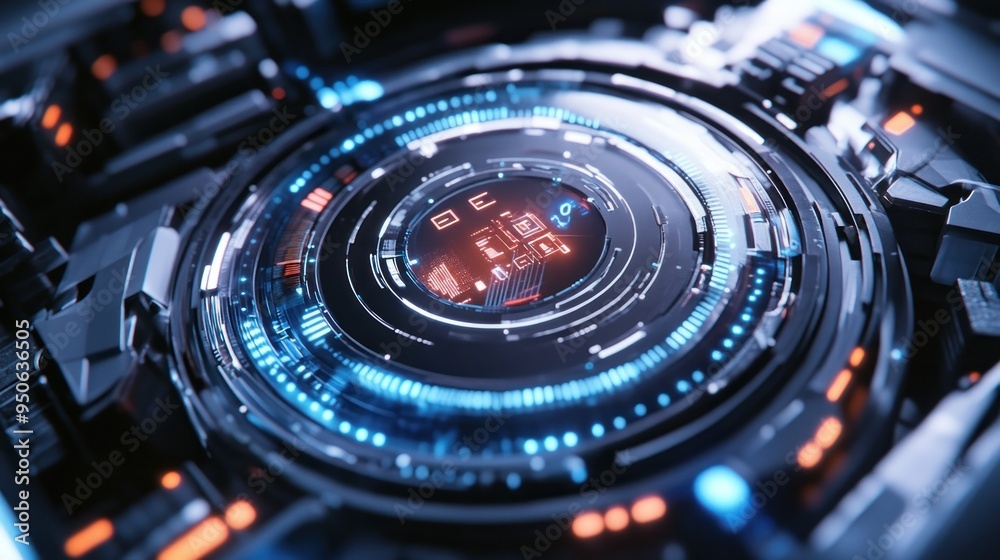 Poster Futuristic Technology Interface with Glowing Lights and Circular Design