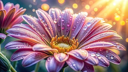 Obraz premium Delicate petal details and sparkling dew droplets create a serene, intimate atmosphere in this close-up photograph of a fresh, morning flower, exuding natural beauty.