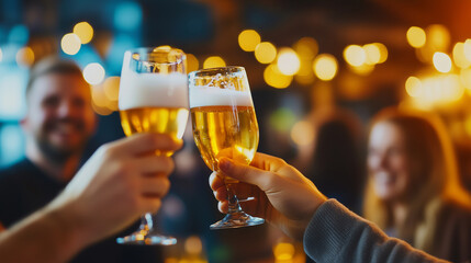 Friends gathered in a cozy bar, laughing and enjoying the Oktoberfest festivities. Their raised glasses are the focus, with smiles and laughter filling the background, reflecting t