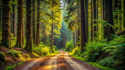 Fototapeta premium Rustic dirt road winds through dense forest, surrounded by towering trees and Overgrown foliage, leading to a serene and secluded natural landscape.