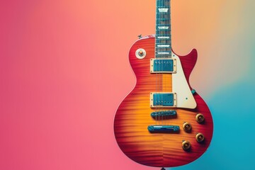 A red guitar is on a blue and pink background, generative ai image