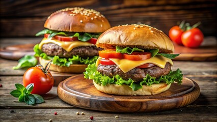 Savory grilled steak slices sit alongside a juicy hamburger patty, topped with melted cheese, lettuce, and tomato, on a rustic wooden cutting board.