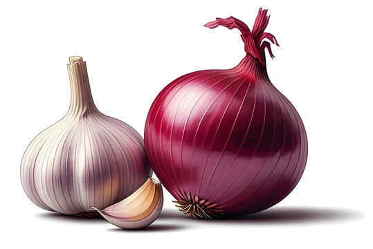 One red onion and one garlic on transparent background