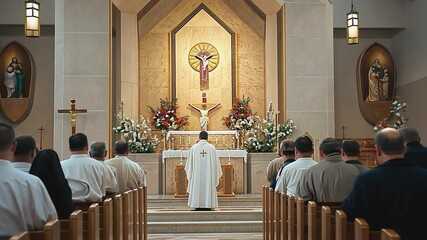 Congregation attending religious service with priest leading mass in church