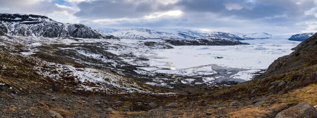 Hoffellsjokull glacier in the South of Iceland sunset landscape