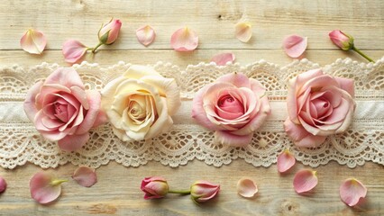 Fototapeta premium Delicate rose petals entwined with intricate lace trim create an ornate, vintage-inspired decoration, perfect for weddings, anniversaries, or romantic occasions.