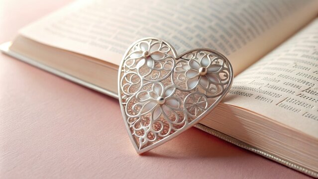 Delicate silver heart-shaped bookmark with intricate details and subtle shine, lying on a soft pastel pink background, evoking a sense of romance and gentle reading.