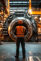 Worker Inspecting Heavy Industrial Equipment in Factory