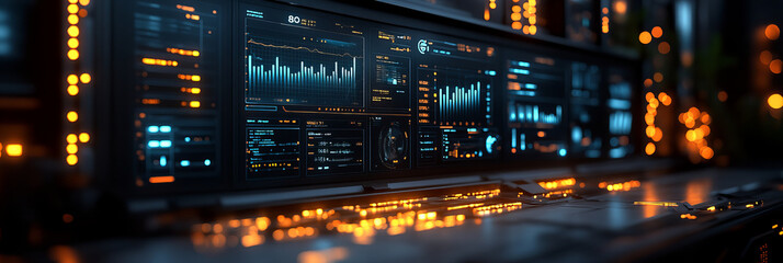 Detailed close-up of complex computer dashboard interface in vibrant orange and dark blue hues, showcasing sophisticated data visualization and advanced digital technology