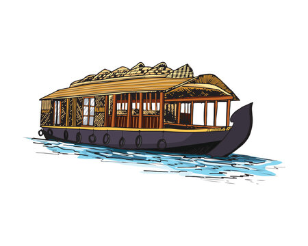 kerala houseboat floating on water, sketch style clip art preview