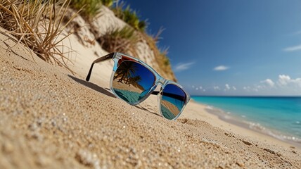 Sunglasses reflecting palm trees on a tropical beach