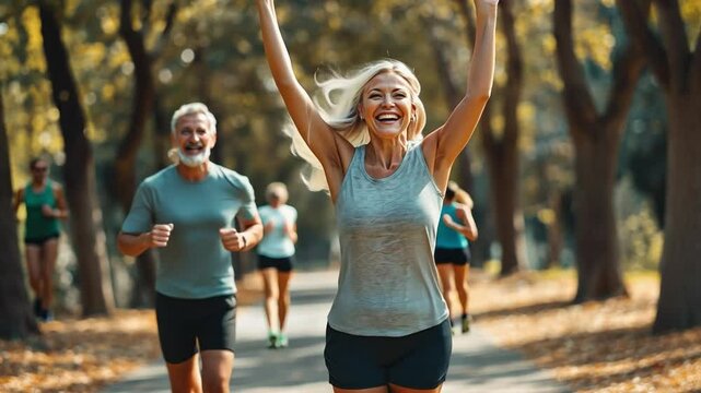 Group of people running in the park, woman raising arms in celebration