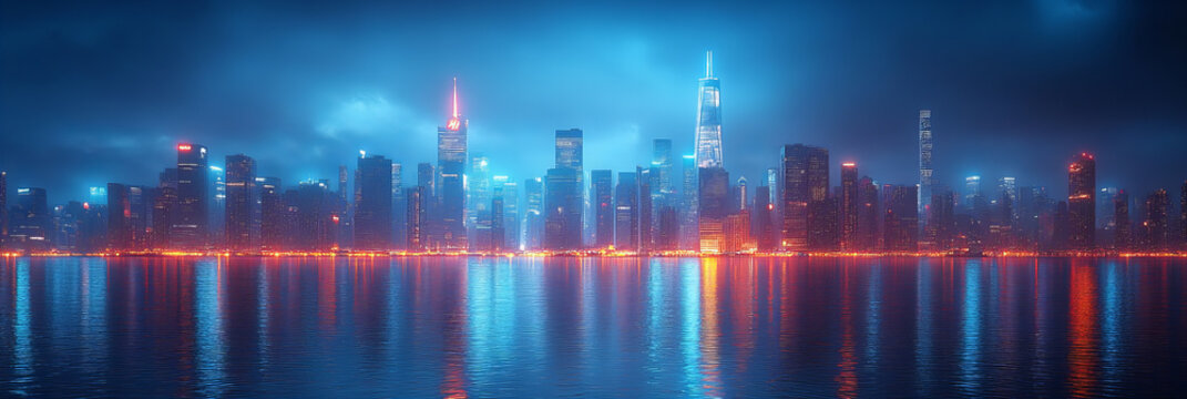 Vivid Megacity Night Skyline with Blue and Red Lights Reflecting on Waterfront in a Cool and Futuristic Urban Setting