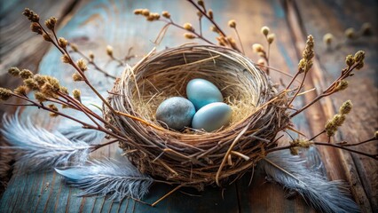 Fototapeta premium Delicate twigs and dried grasses intricately woven together form a cozy bird's nest, softly lit, with a few pale blue eggs peeking out from beneath the feathers.