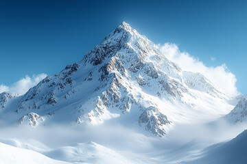 Obraz premium Majestic mountain peaks covered in snow, standing tall against a clear blue sky. Concept of Earth's diverse terrains.