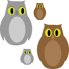 Two owls are brown and gray with large yellow eyes. Minimalist drawing of a forest owl